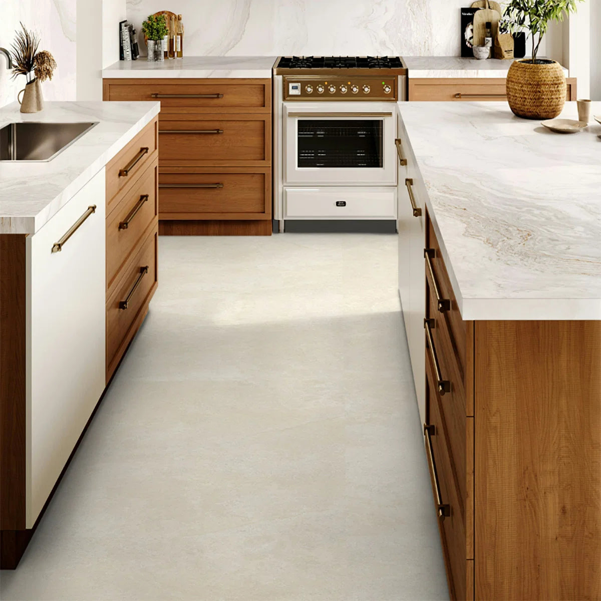 Light Bone Colour Porcelain Tile 600x1200mm Kitchen Setting - Archstone Range - Tiles on Top
