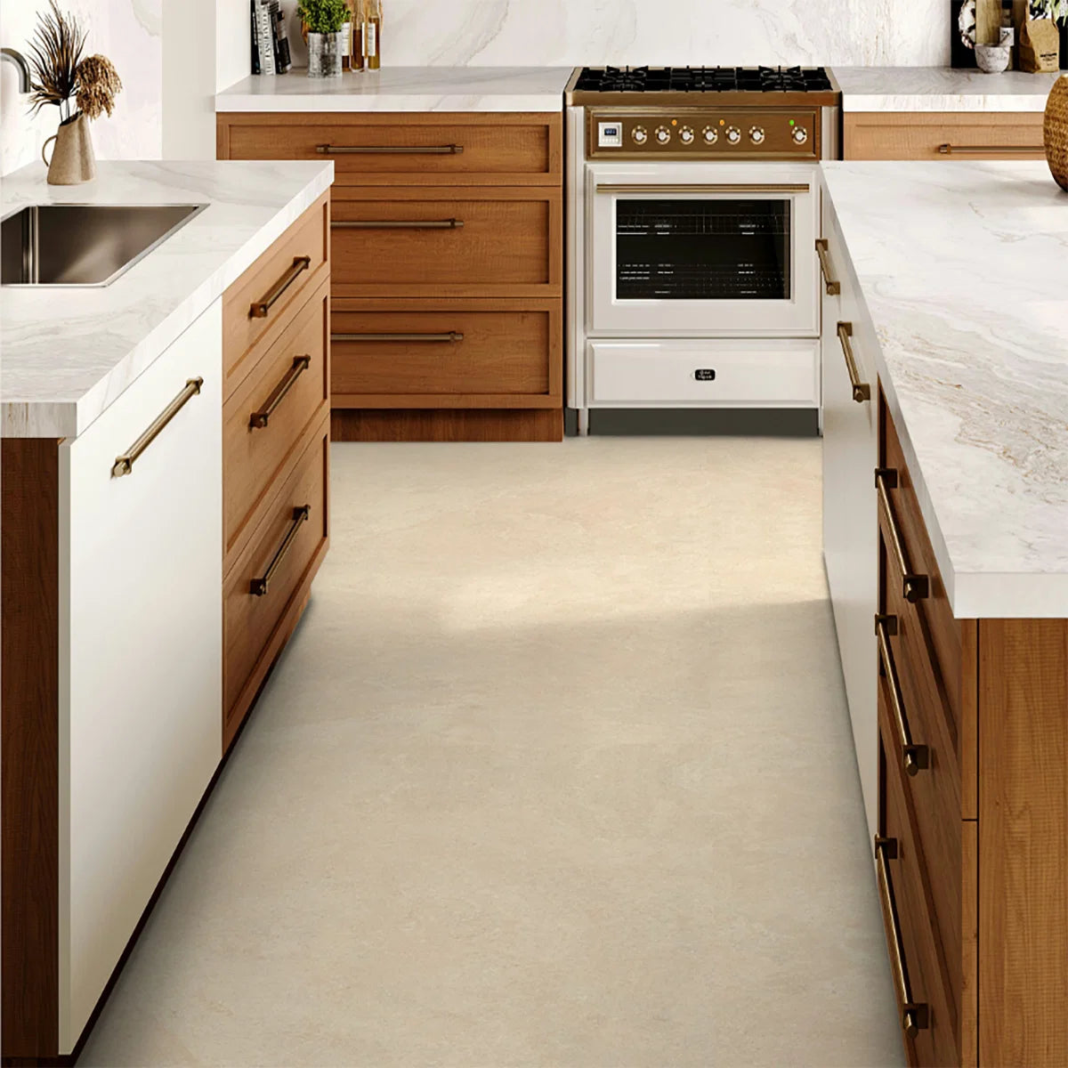 Natural Beige Porcelain Tile 600x1200mm Kitchen Setting - Archstone Range - Tiles on Top