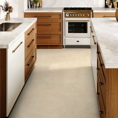 Natural Beige Porcelain Tile 600x1200mm Kitchen Setting - Archstone Range - Tiles on Top