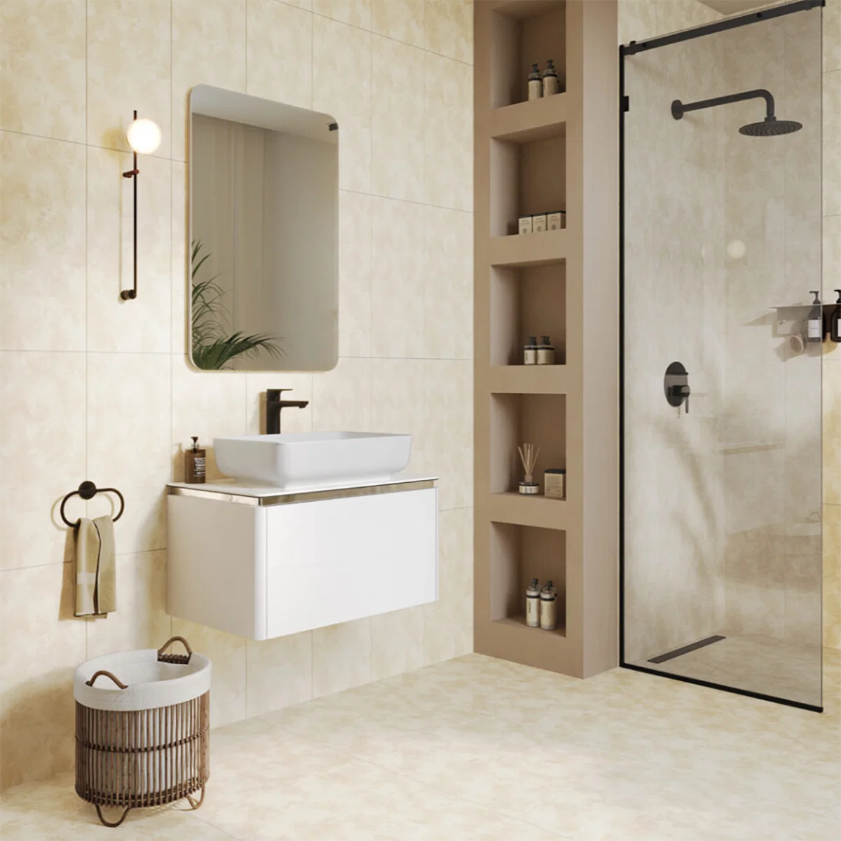Beige - Ivory Tone Porcelain Floor and Wall Tile 300x600mm Bathroom Setting - Tiles on Top