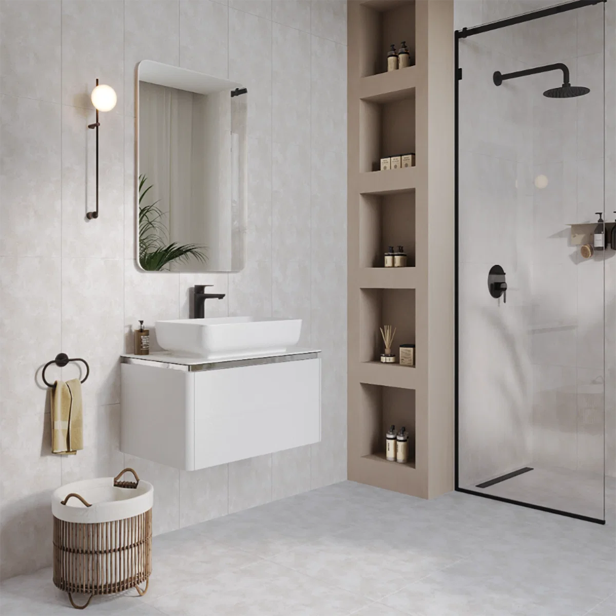 Light Tone - Off White Porcelain Floor and Wall Tile 300x600mm Bathroom Setting - Tiles on Top