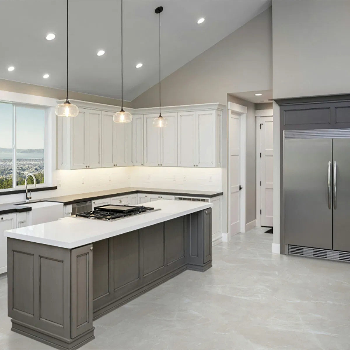 Cream Porcelain Tile 1200x1200mm Kitchen Setting - Elvian Range - Tiles on Top