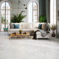 Elvian Light Grey Porcelain Tile 600x600mm Living Room Setting - Tiles on Top