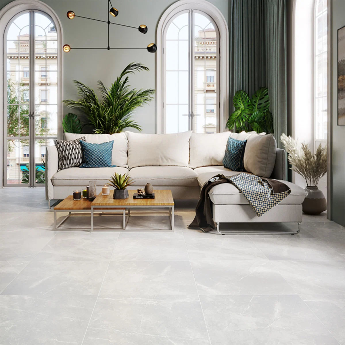 Elvian Light Grey Porcelain Tile 600x600mm Living Room Setting - Tiles on Top