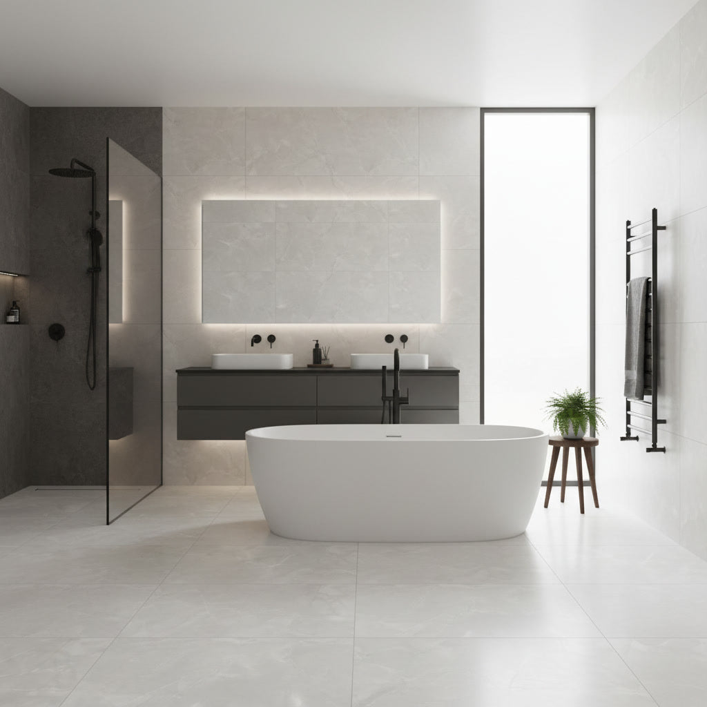 Off White Porcelain Tile 1200x1200mm Bathroom Setting - Elvian Range - Tiles on Top
