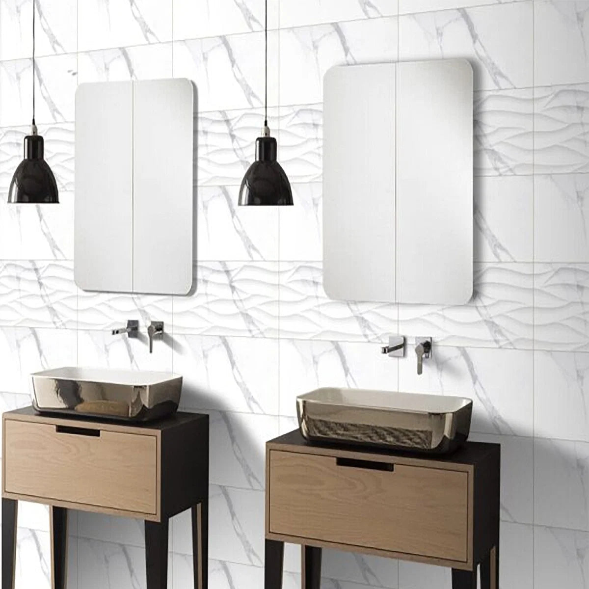 Gloss Marble Effect White Porcelain Tile 300x600mm Bathroom - Lucera Range - Tiles on Top