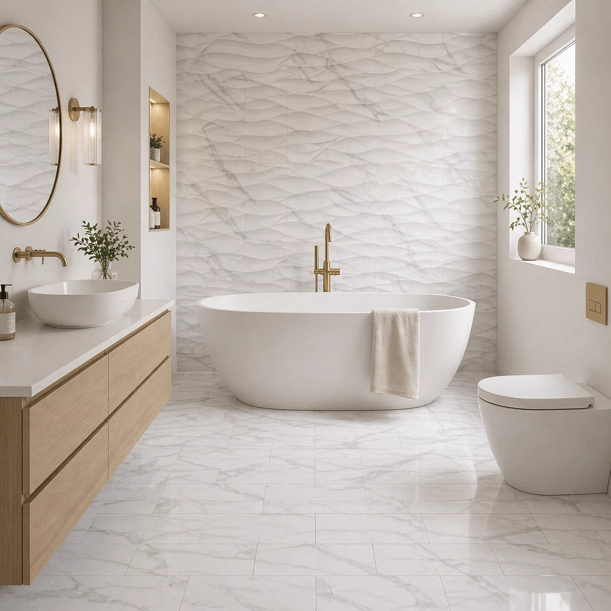 White Marble Effect Matt Decor Ceramic Wall Tile 300x600mm Bathroom Setting - Tiles on Top