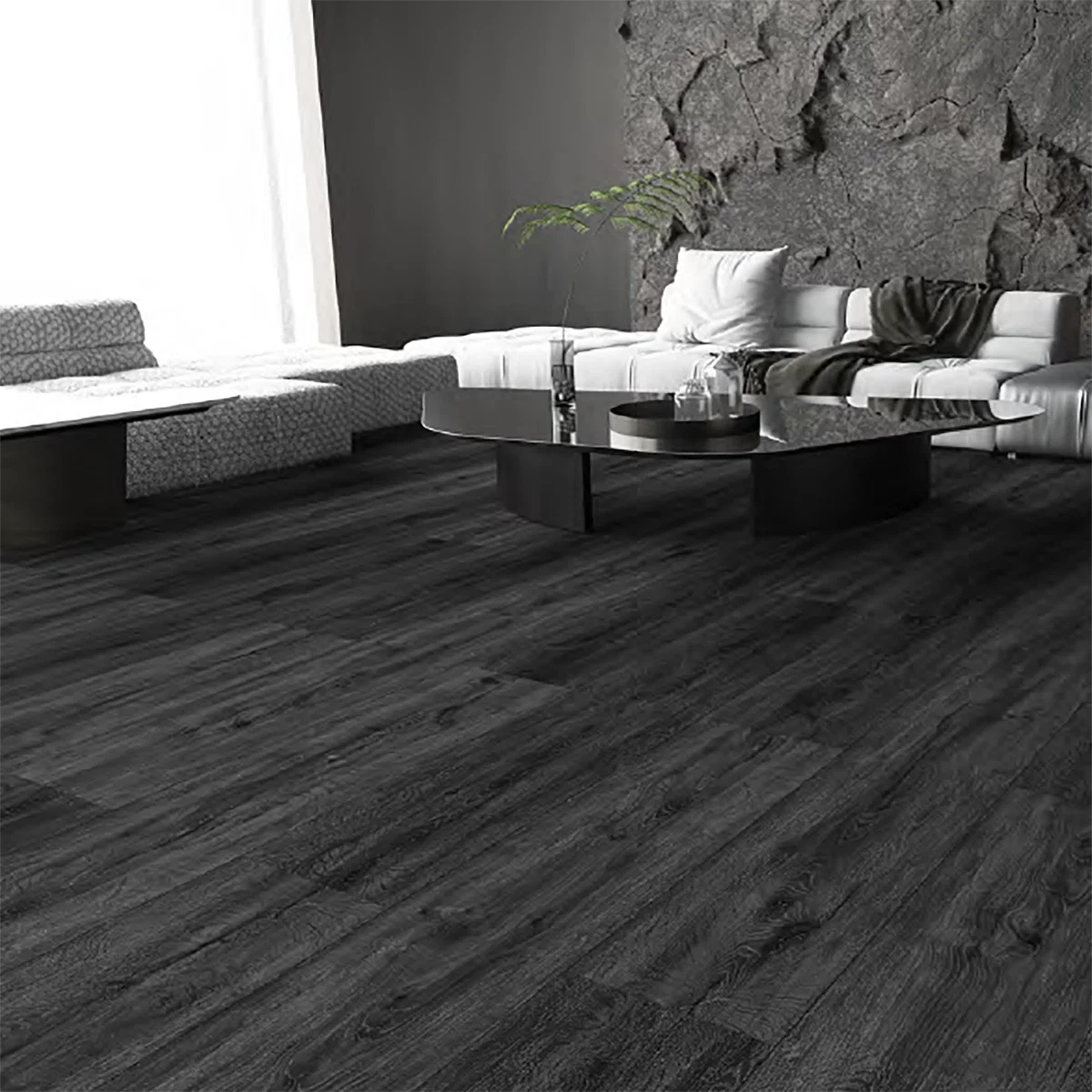 Ash - Dark Anthracite SPC Flooring 182x1220mm Living Room Setting - Tiles on Top