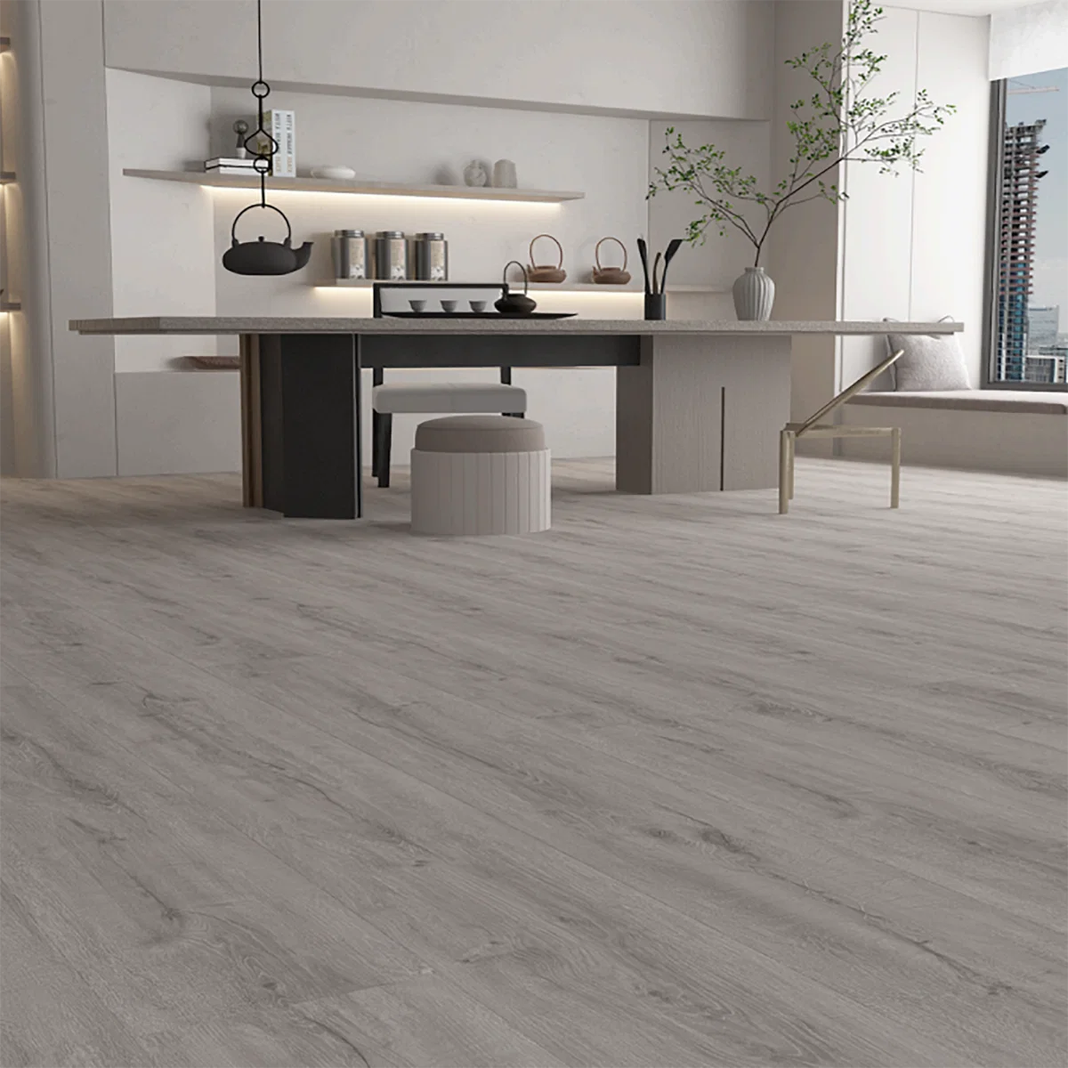 Light Grey SPC Flooring 182x1220mm Living Room Setting - Tiles on Top