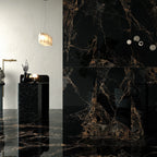 Monaco Black & Gold Marble Effect Polished Porcelain Tile 1200×600mm