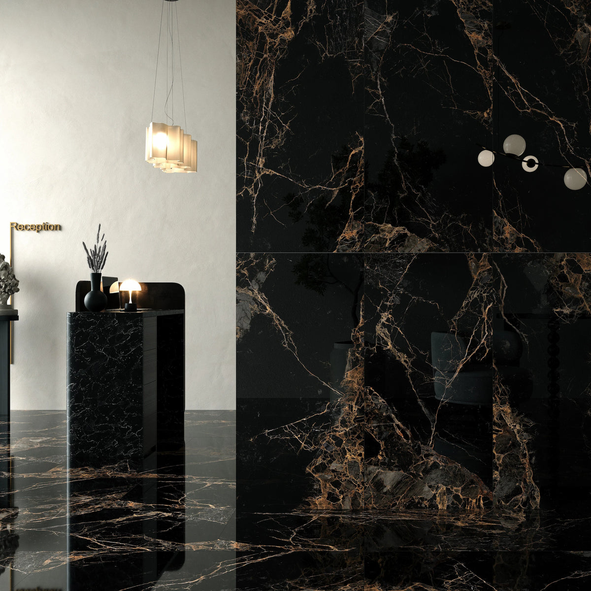 Monaco Black & Gold Marble Effect Polished Porcelain Tile 1200×600mm