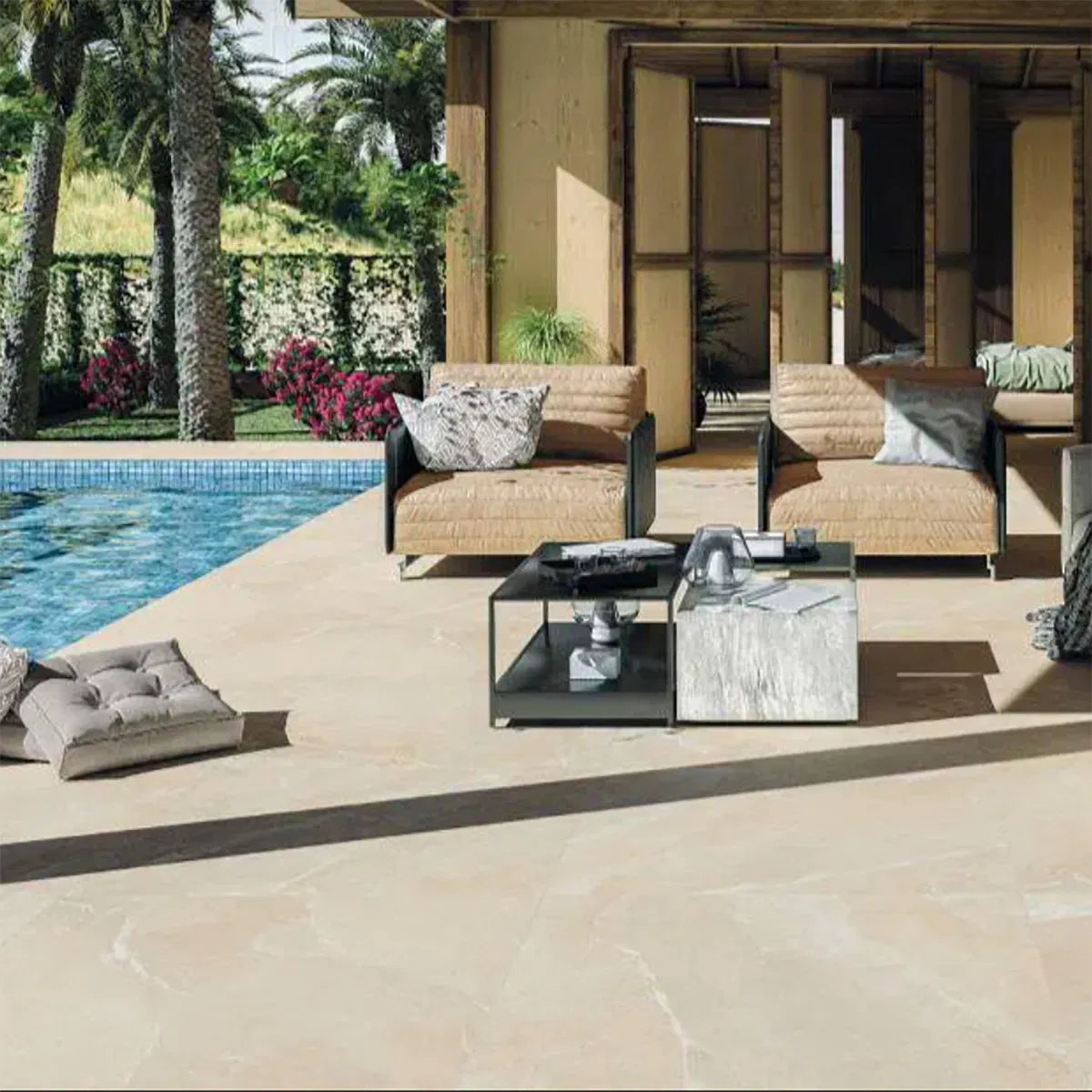 Beige Porcelain Tile 1000x1000mm Pool Side Living Room Setting - Tiles on Top