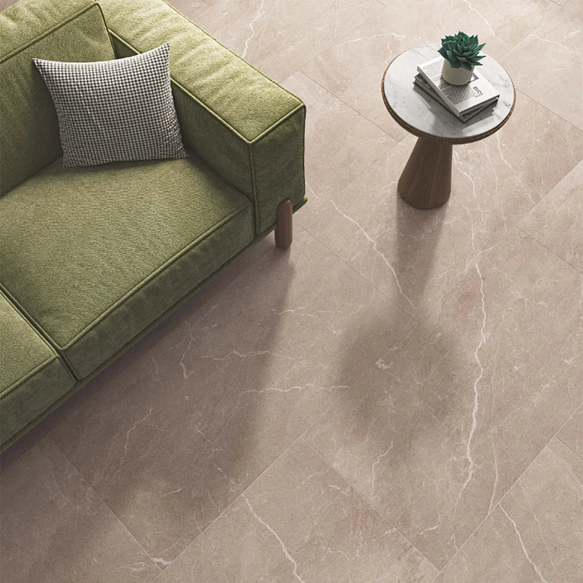 Beige Porcelain Tile 600x600mm Living Room Setting - Monterra Range - Tiles on Top