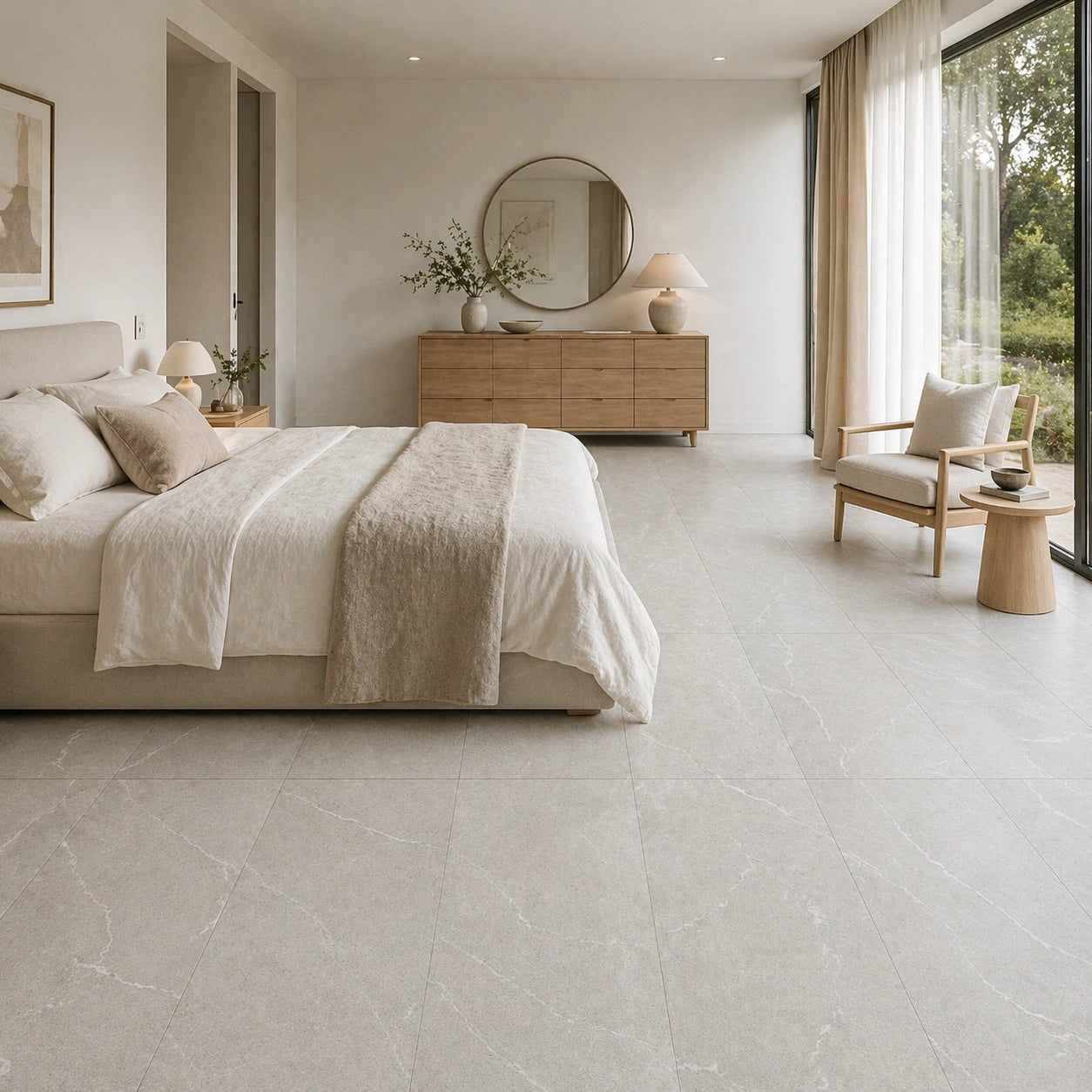 Off White Porcelain Tile 600x1200mm Bedroom Setting - Monterra Range - Tiles on Top
