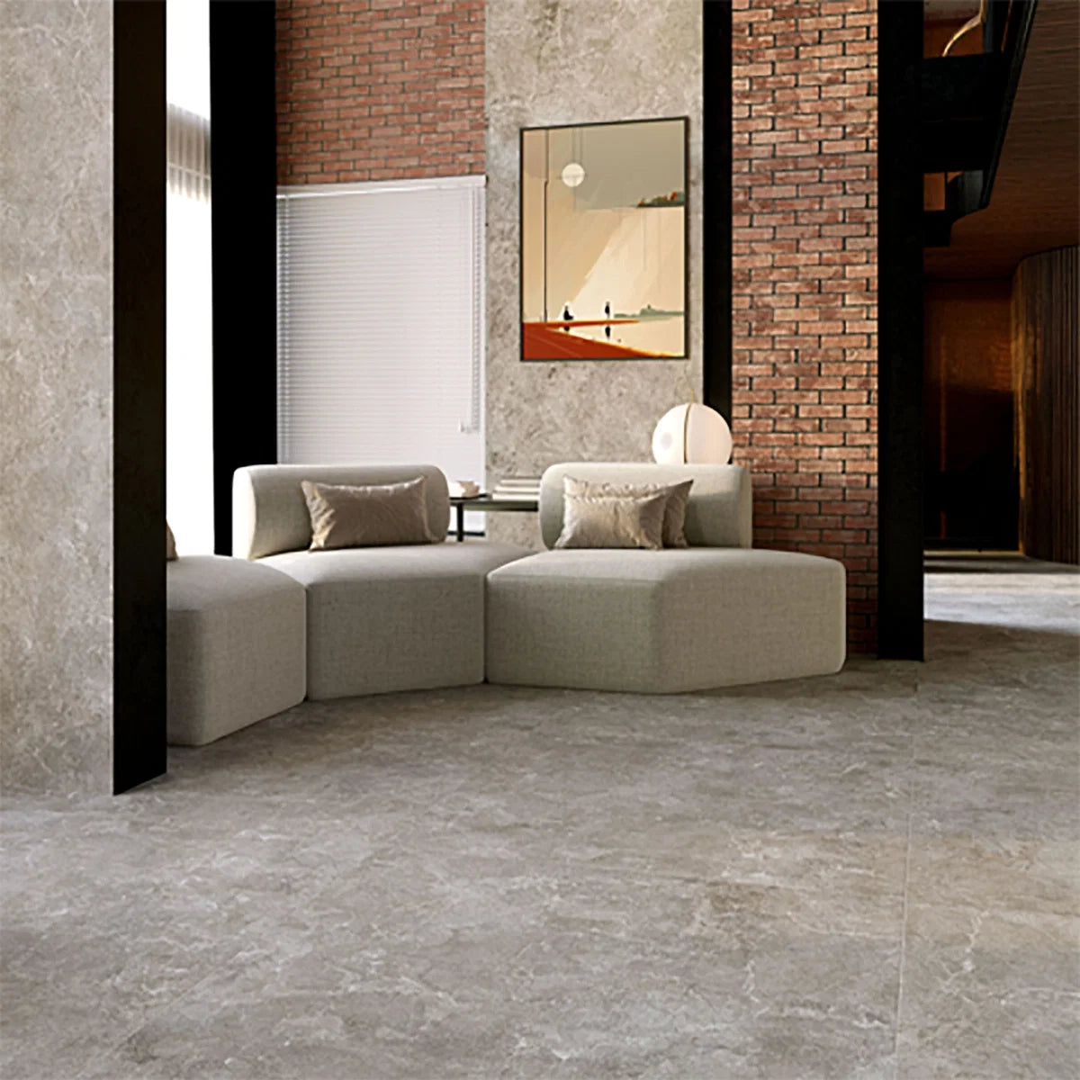 Grey Porcelain Tile 1200x1200mm Living Room Setting - Norvane Range - Tiles on Top