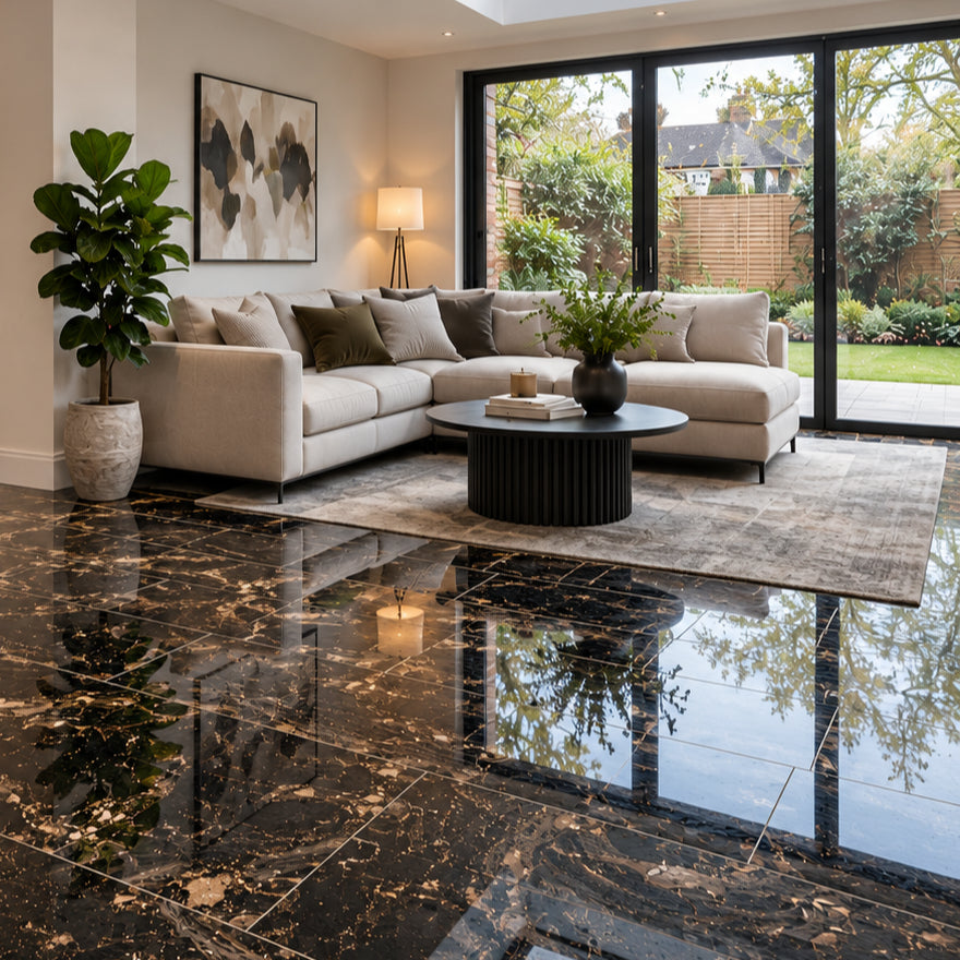 Palermo Black & Gold Marble Effect Polished Porcelain Tile 1200×600mm