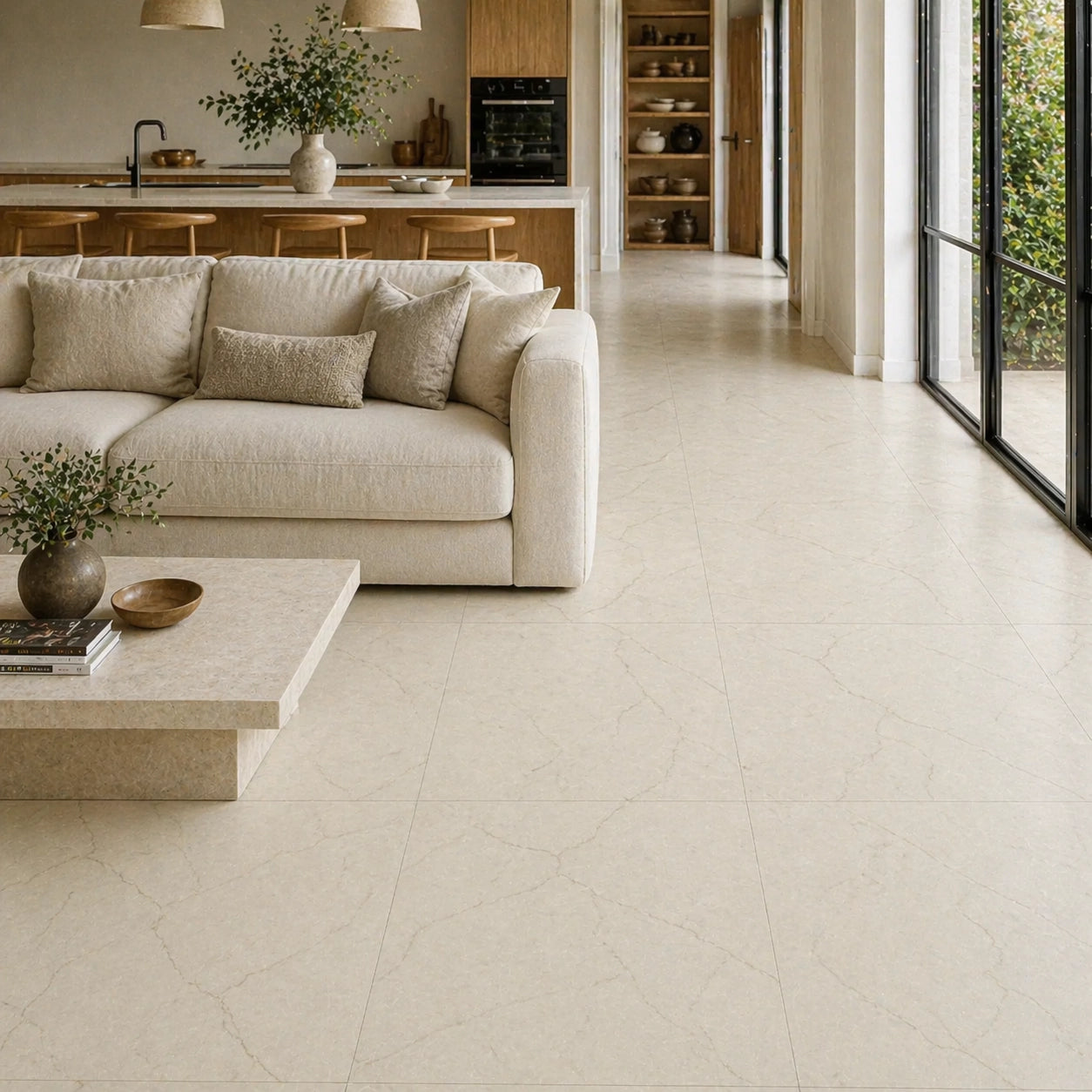Cream Beige marble Effect Porcelain Tile 980x980mm Living Room Setting - Tiles on Top