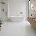 White Marble Effect Porcelain Tile 980x980mm Large Format Bathroom Setting - Tiles on Top