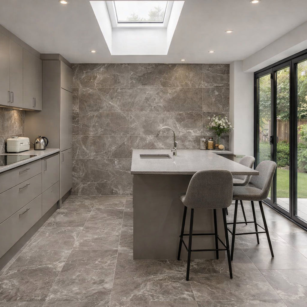 Anthracite Porcelain Tile 595x1200mm Living Room Setting - Tornby Range - Tiles on Top