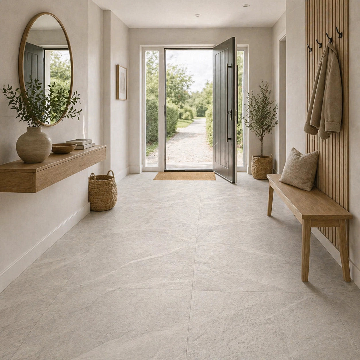 Grey Porcelain Tile 1200x1200mm Hallway Setting - Tornby Range - Tiles on Top