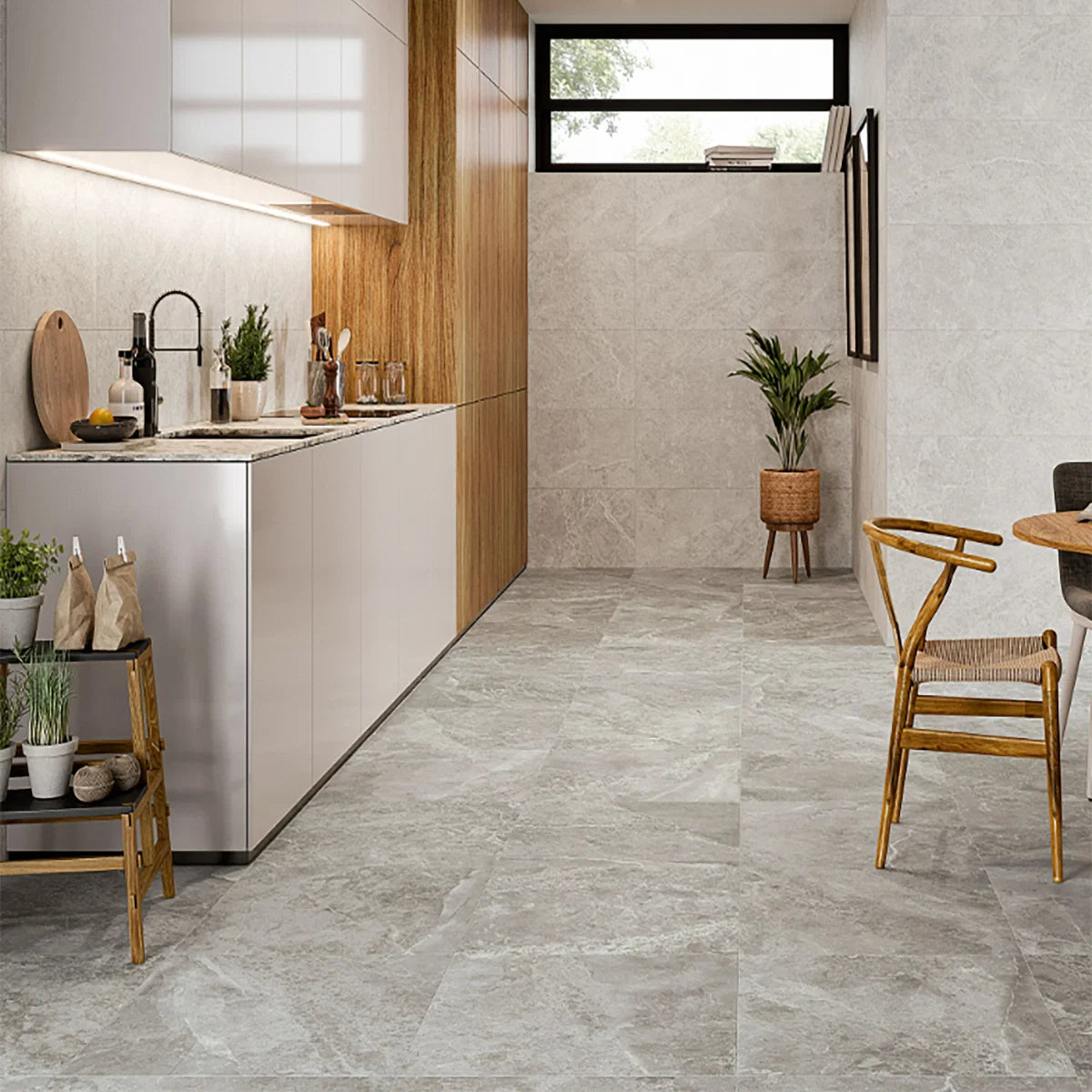 Grey Porcelain Tile 595x595mm Kitchen Setting - Tornby Range - Tiles on Top
