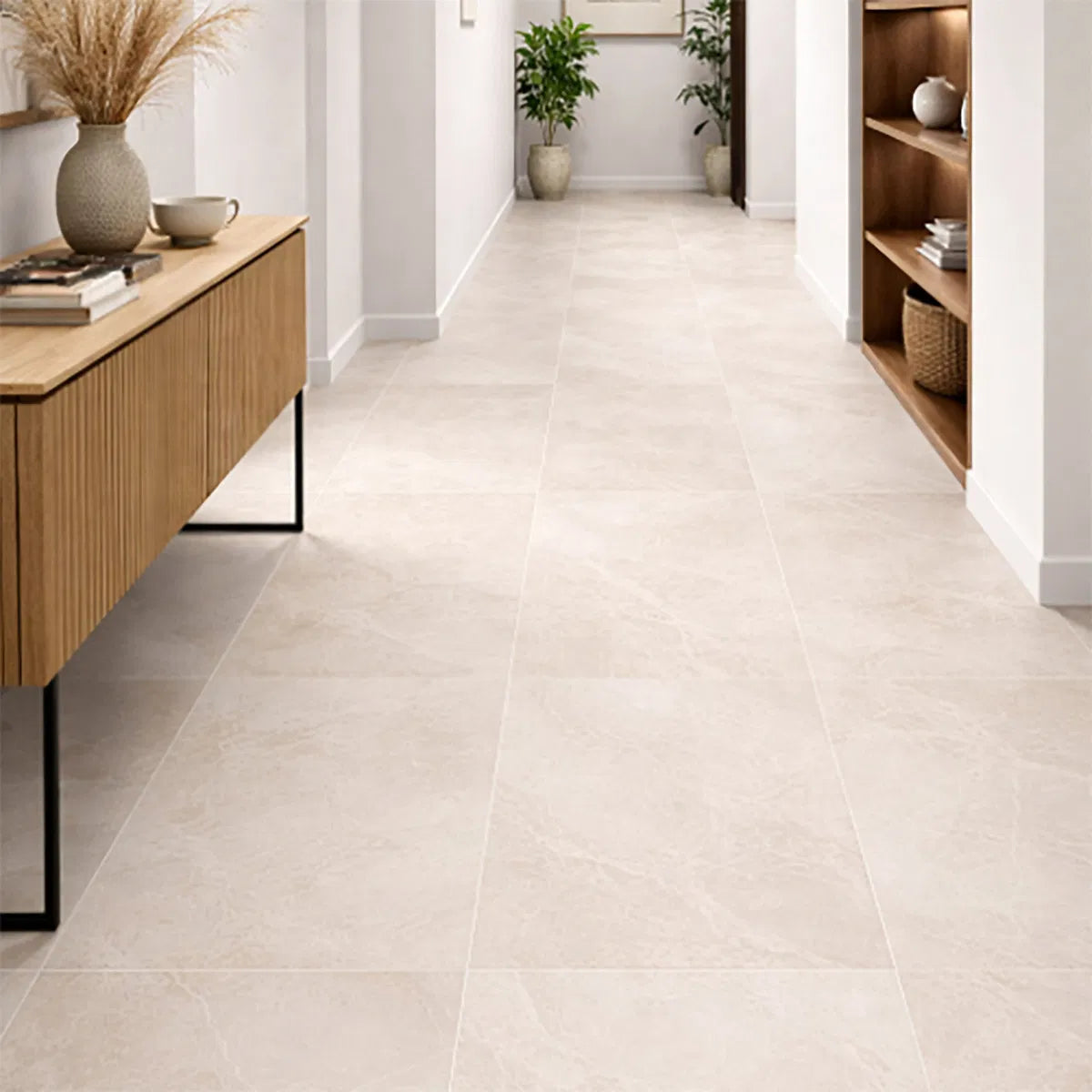 White Porcelain Tile 595x1200mm Hallway Setting - Tornby Range - Tiles on Top