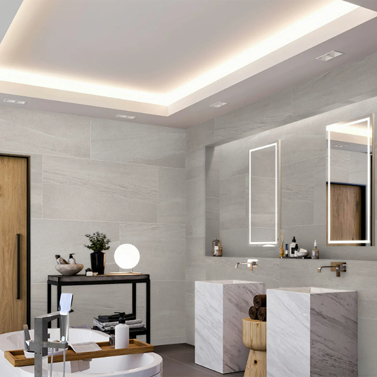 Grey Porcelain Tile 600x1200mm Bathroom Setting - Tremoli Range - Tiles on Top