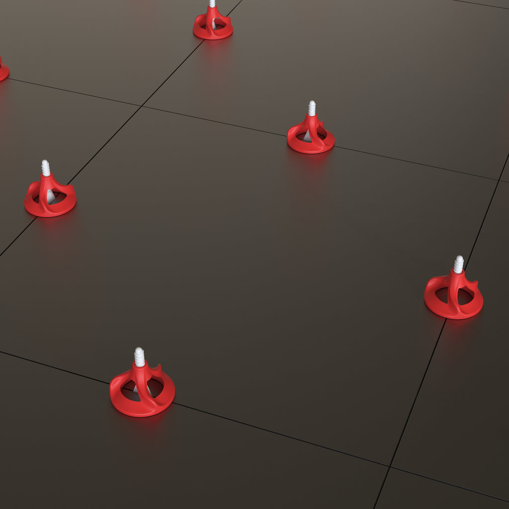 Twister PLUS tile levelling system in use on dark porcelain floor tiles - multiple