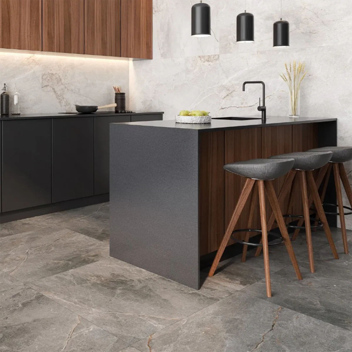 Grey Stone Effect Porcelain Tile 1000x1000mm Kitchen Setting - Vlaenza Range - Tiles on Top